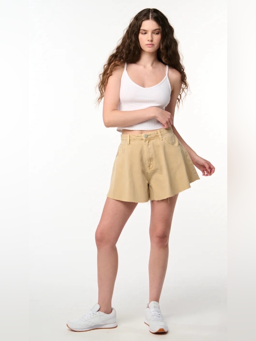 Blank NYC|Ginger Snap Short in Tan Beige,Women's High-Waist Flared Jean Shorts••